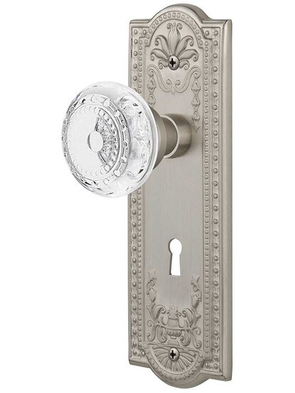Meadows Mortise-Lock Set with Matching Crystal-Glass Knobs in Satin Nickel.